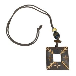 Wood Pendant Necklace Women Earthy Etched Boho Indie 18"
